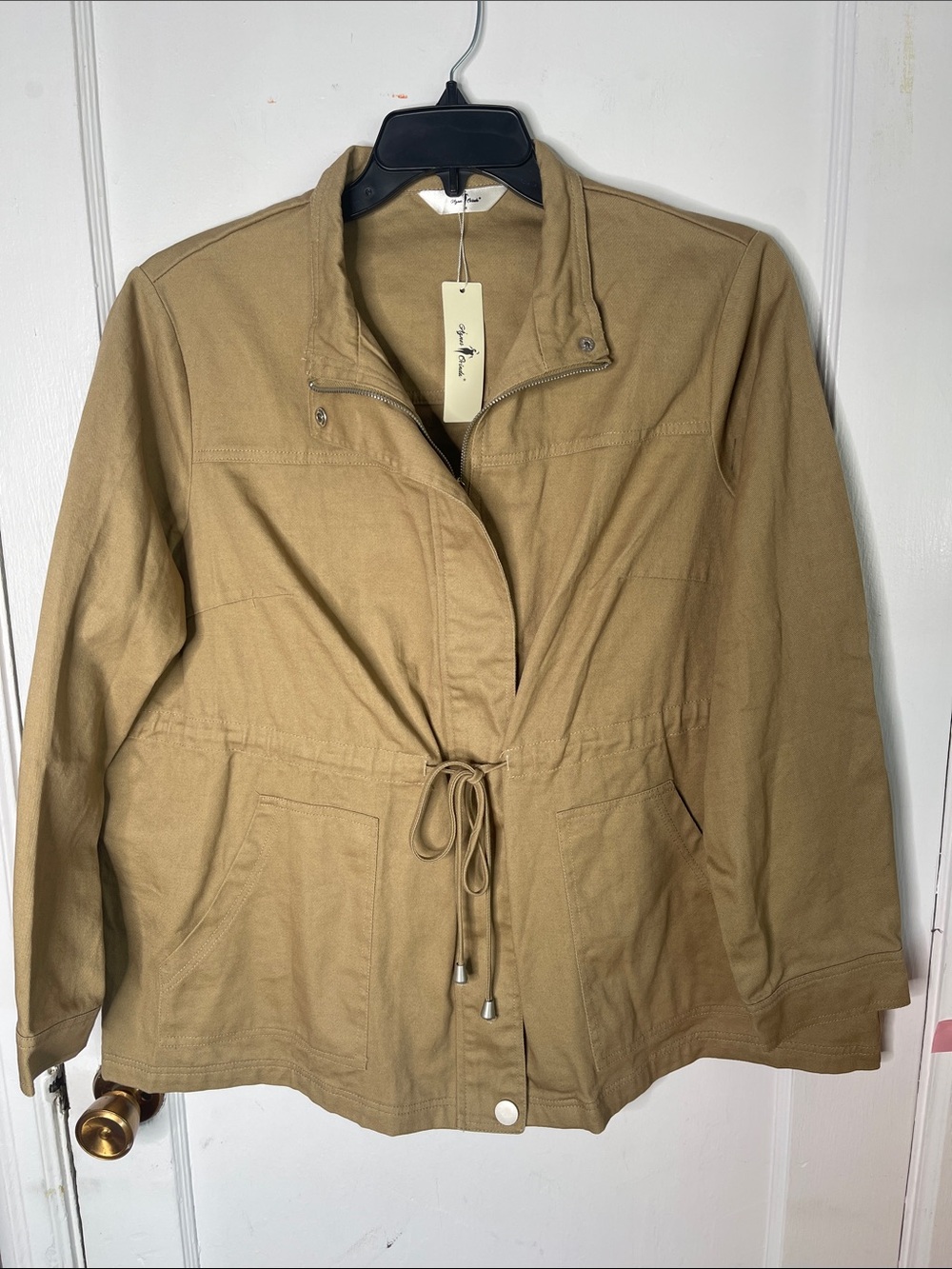 New Agnes Orinda 2X Tan Jacket Blazer Zip Front Cinch Waist Cotton Women’s Plus